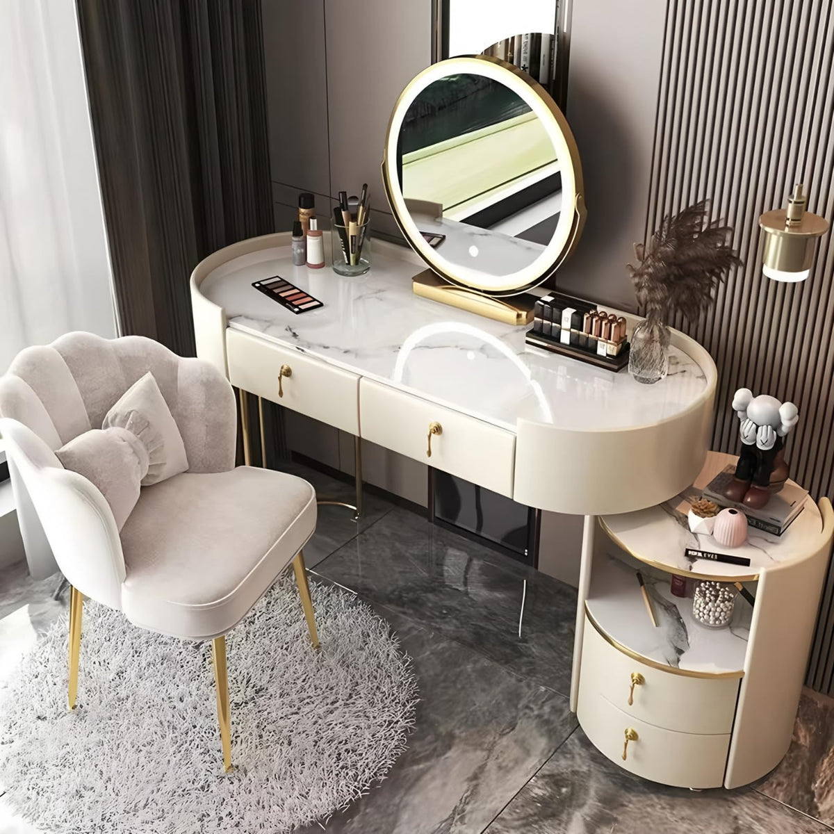 Solid Wood Vanity Desk Set with Smart Mirror & LED Light