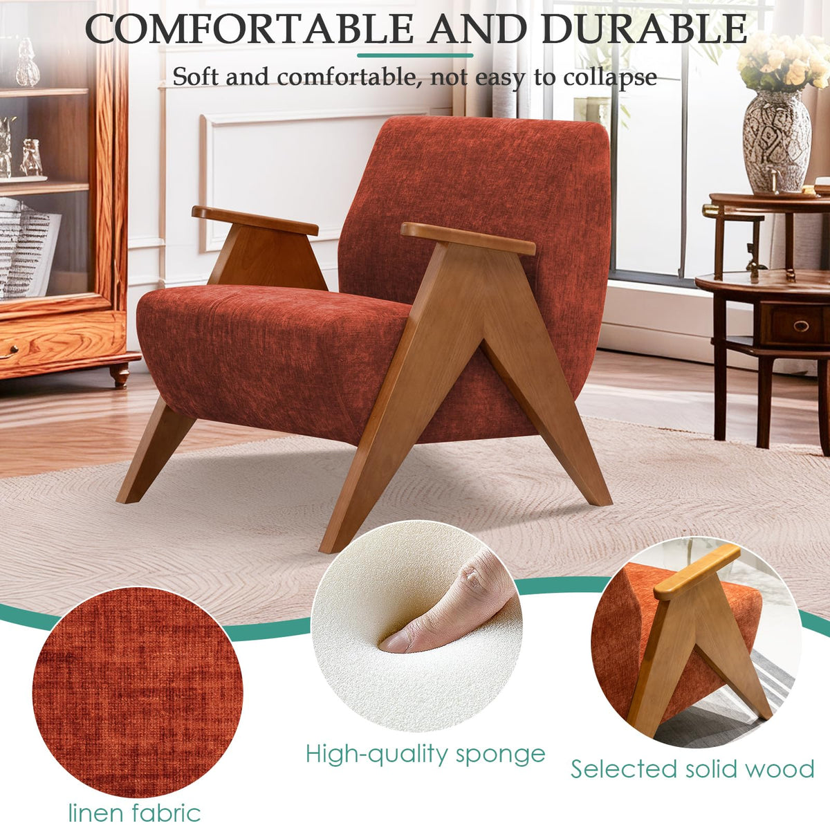 2 Pcs Home Accent Chair Mid Century Modern Accent Chair with Wood Frame