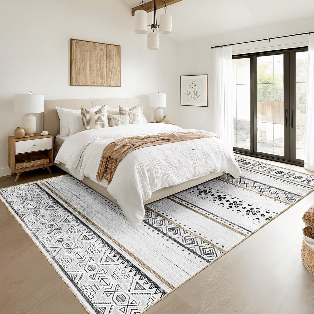 8x10 Washable Area Rugs for Living Room Boho Bedroom Rug Colorful/Black