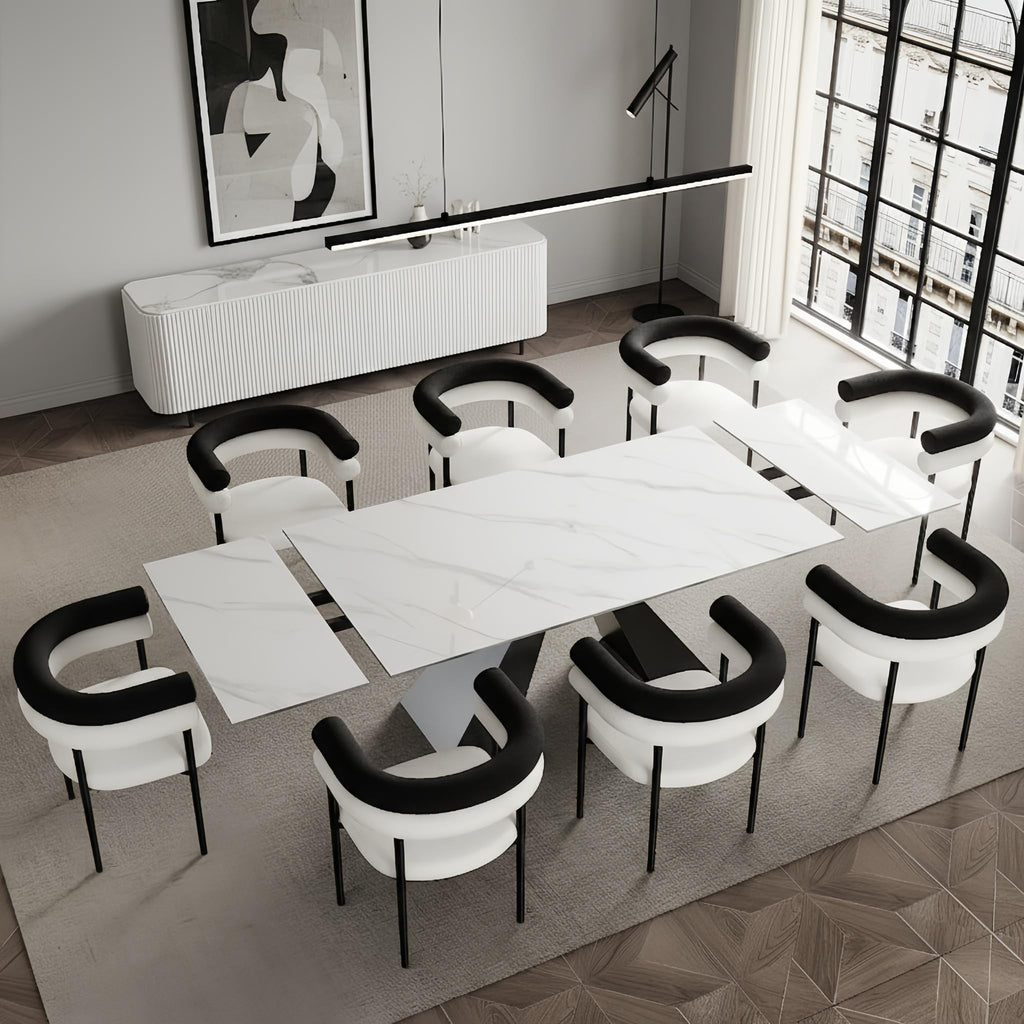 9 Piece Marble Expandable Table Set with 8 Comfy Dining Chairs