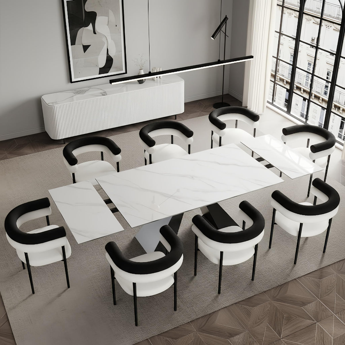 9 Piece Marble Expandable Table Set with 8 Comfy Dining Chairs