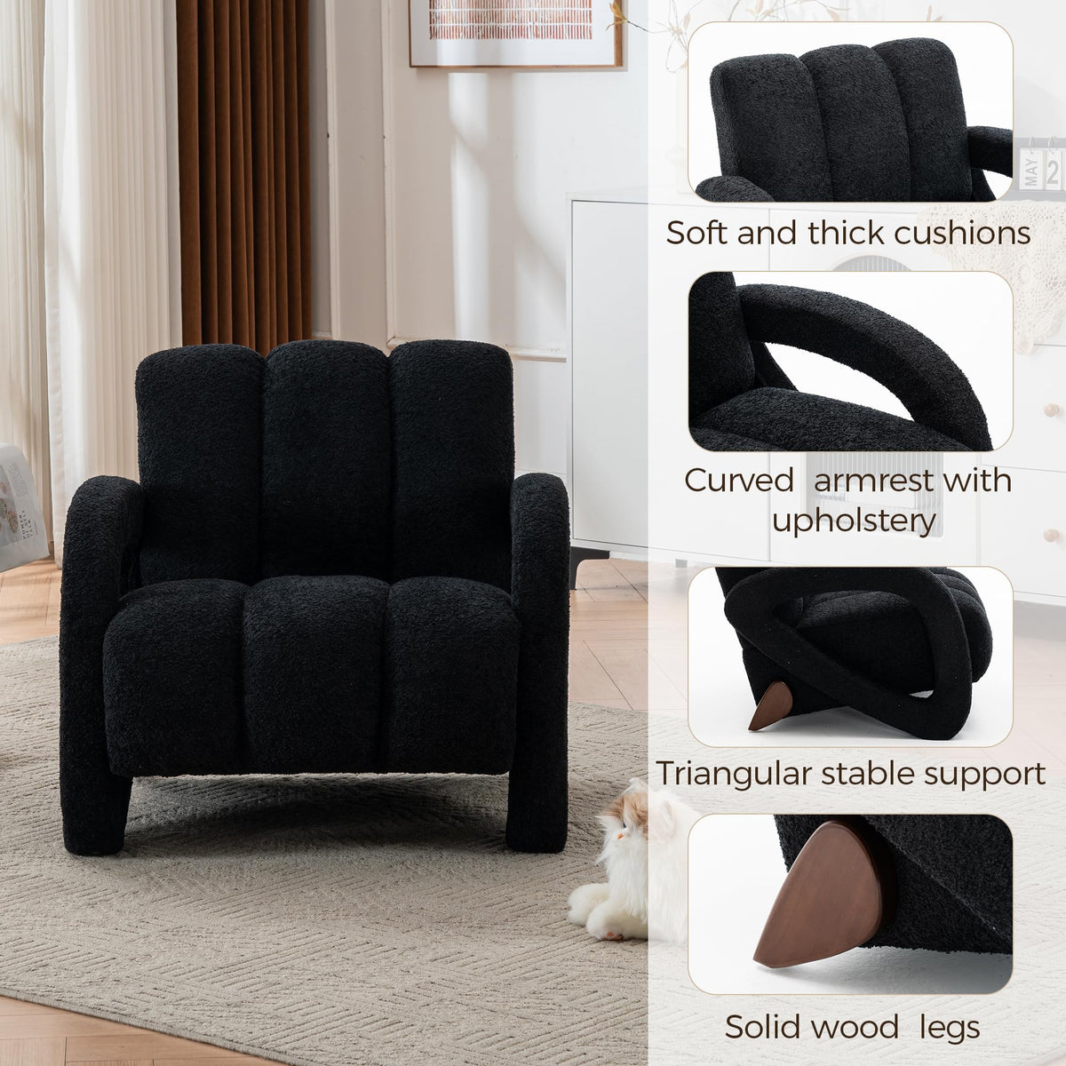 Mid Century Modern Accent Chair Set of 2 with Solid Wood Frame, Upholstered Living Room Chairs with Thick Cushion, Boucle Tufted Armchair for Bedroom, Reading Room, Ivory