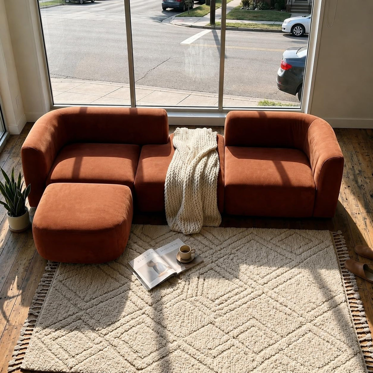 Acanva Mellow Modern Tight Curved Back Velvet Sofa, 4 Seater Modular