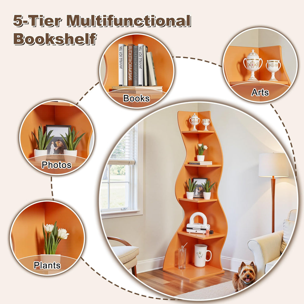 Bookcase Freestanding 71.3" Modern Book Case Display Shelf Tall Bookshelf with S-Shaped Pattern for Bedroom, Home Office, and Living Room, Black