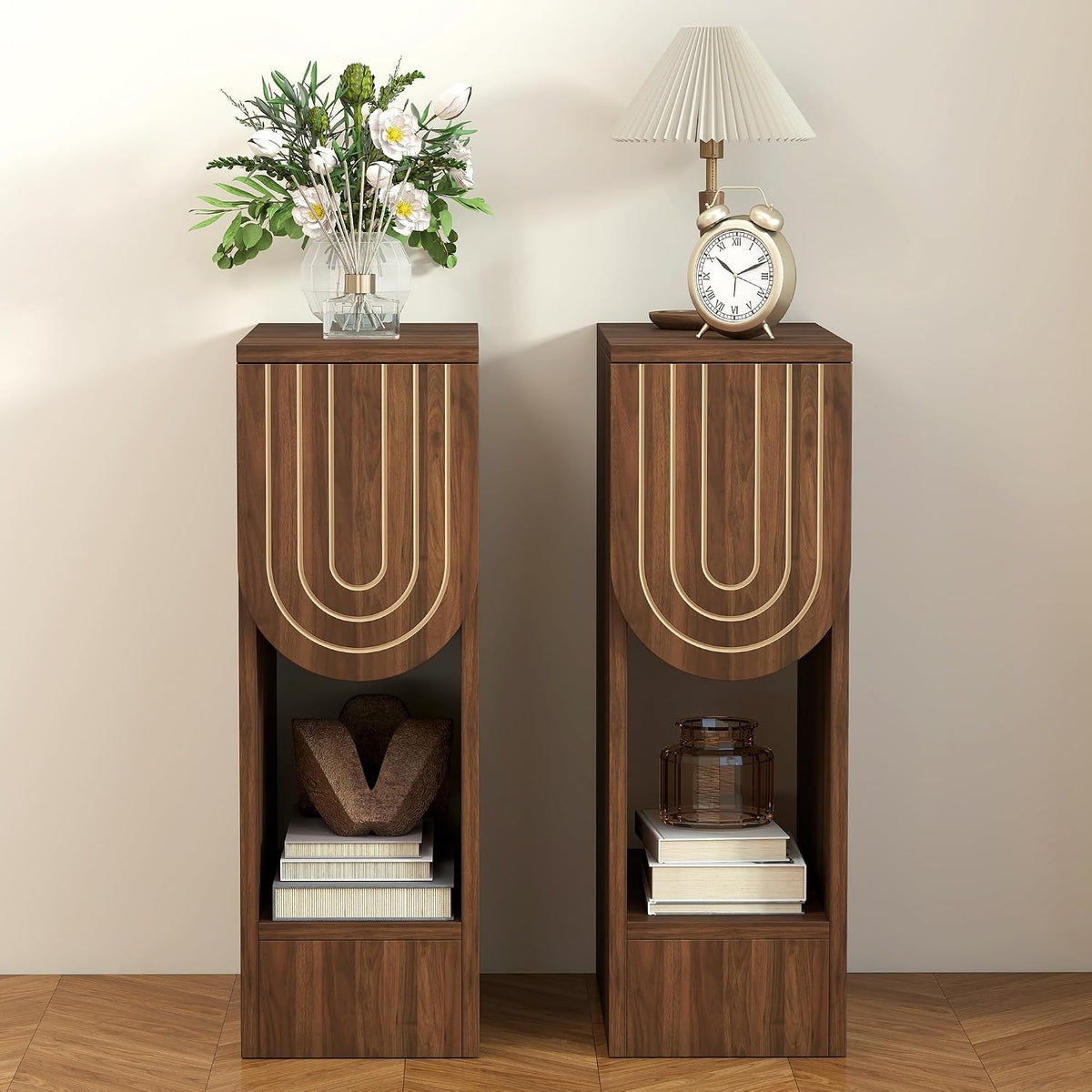 Narrow Carved Wood Nightstands, Set of Two