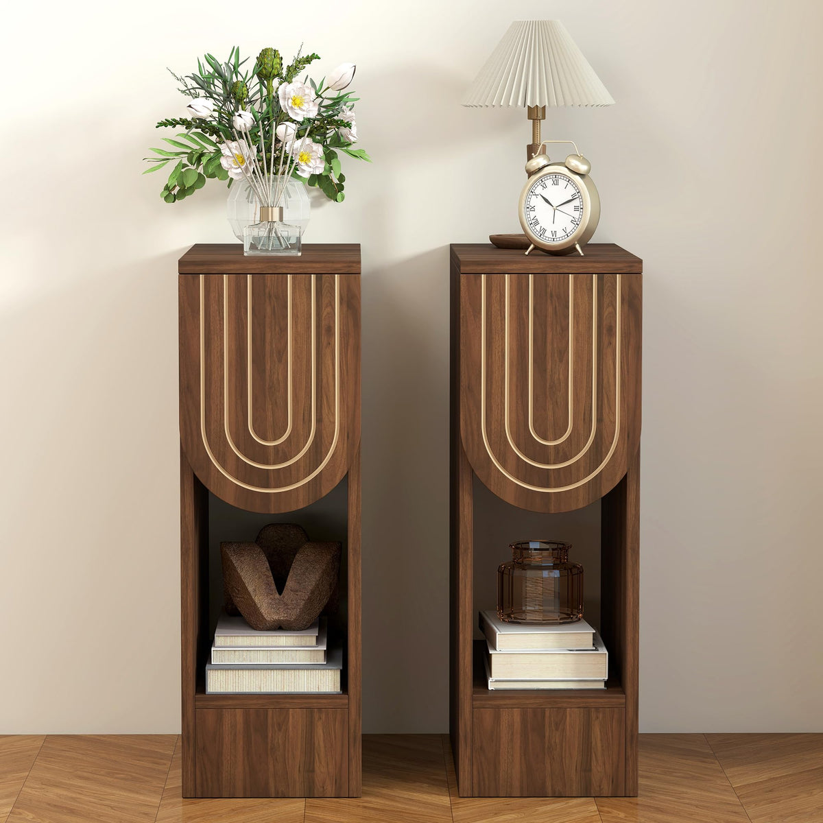 Narrow Carved Wood Nightstands, Set of Two