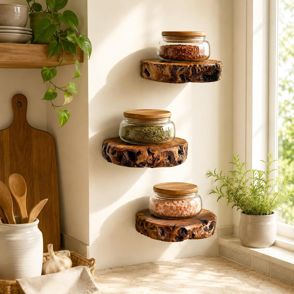 Handmade Jujube Wood Floating Shelves – Set of 3