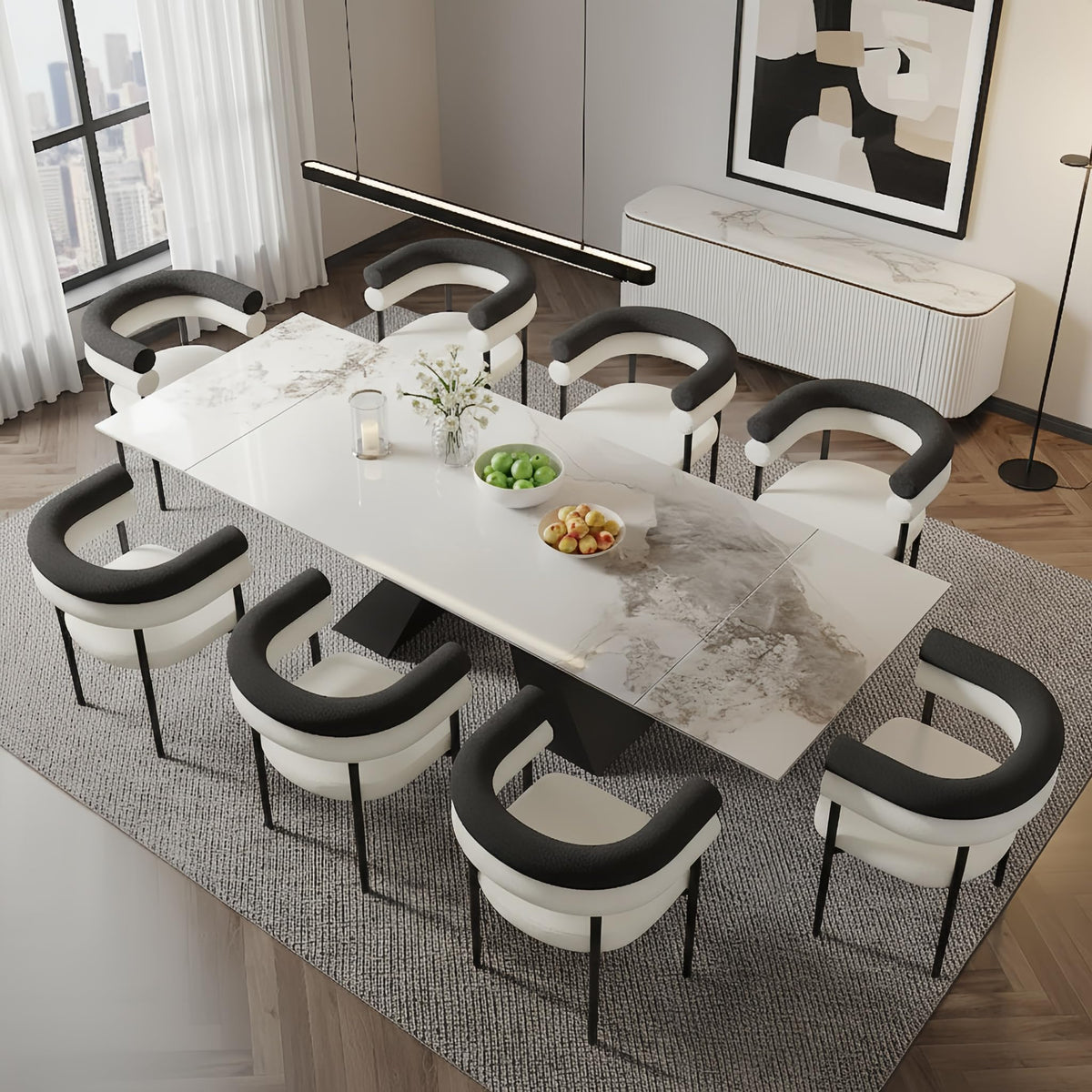 9 Piece Marble Expandable Table Set with 8 Comfy Dining Chairs