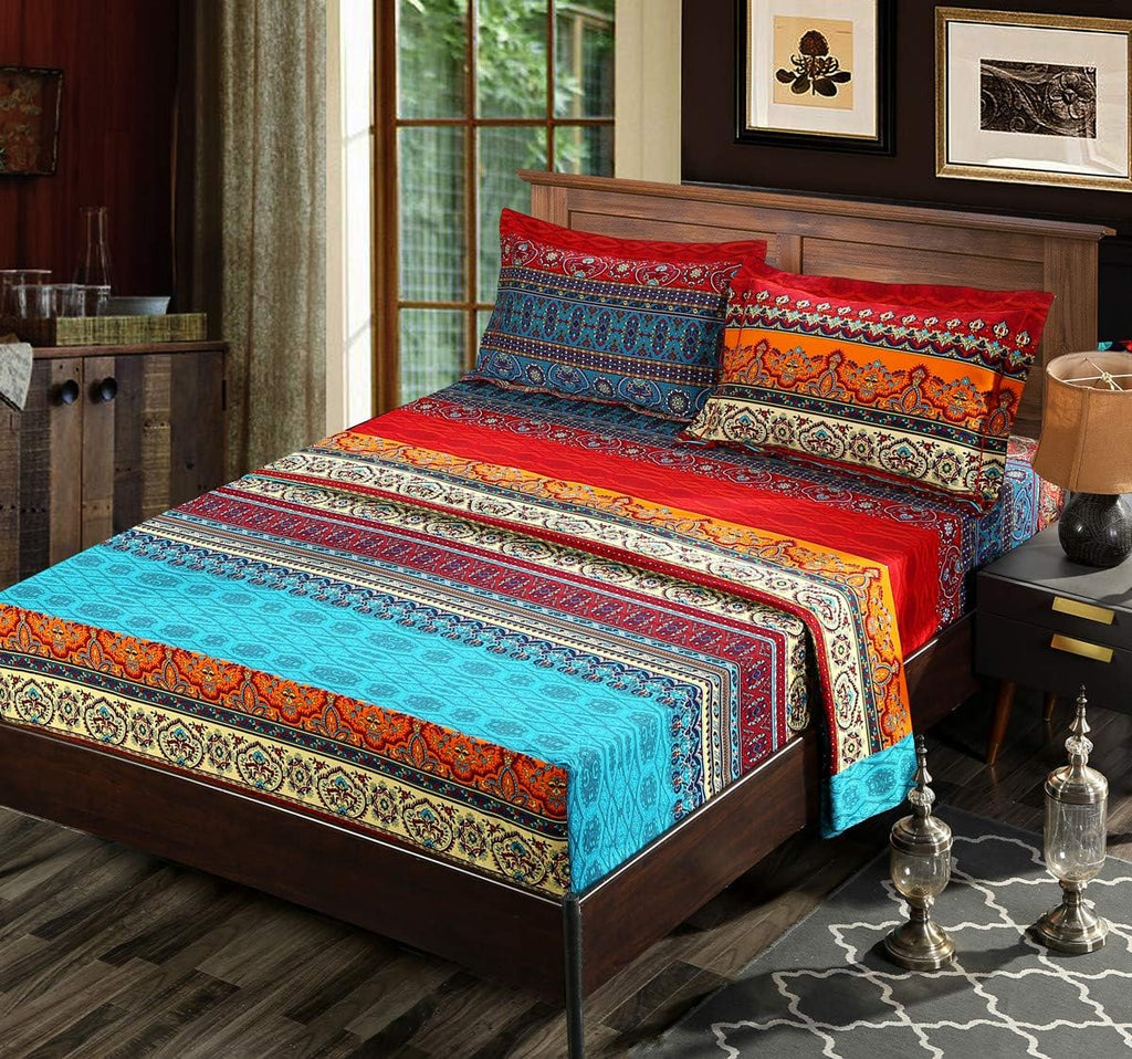 Brushed Cotton Bohemian Duvet Cover and Fitted Sheet Sets Queen Size 4 Pieces