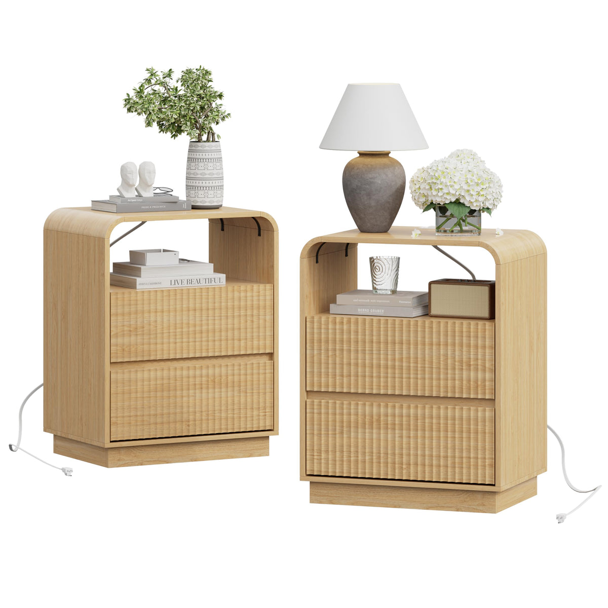 Fluted Nightstands with Charging Station, Set of 2