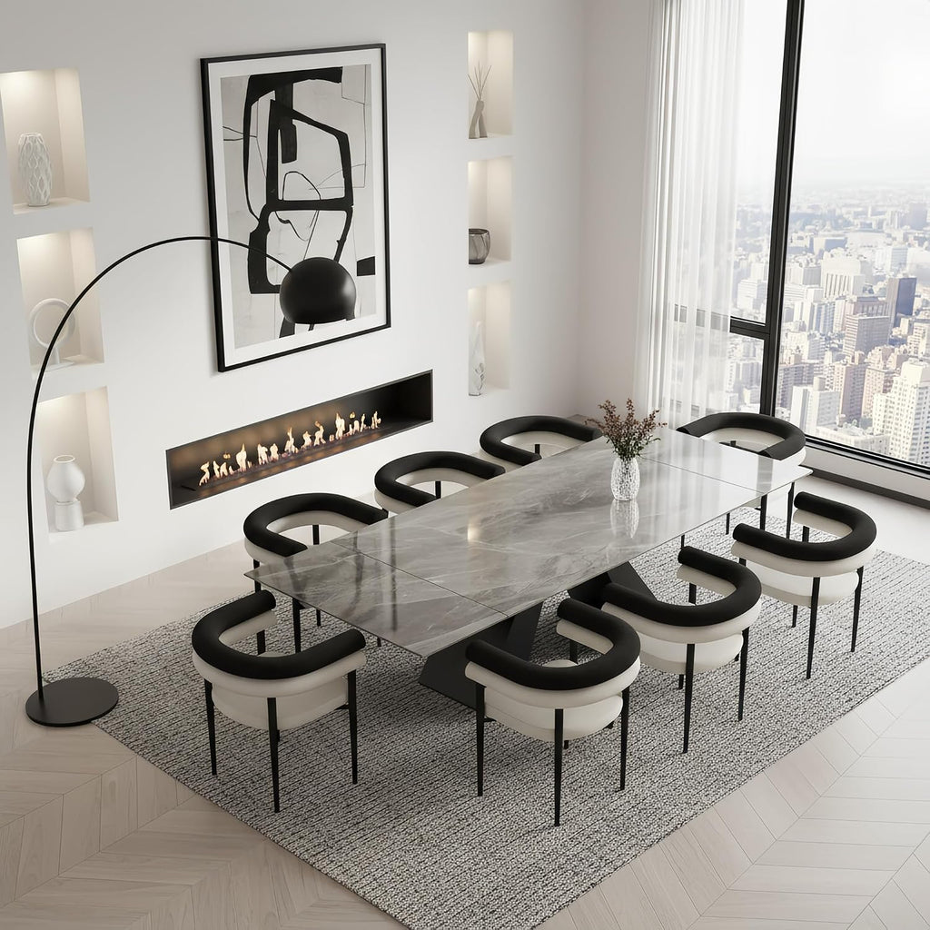 9 Piece Marble Expandable Table Set with 8 Comfy Dining Chairs