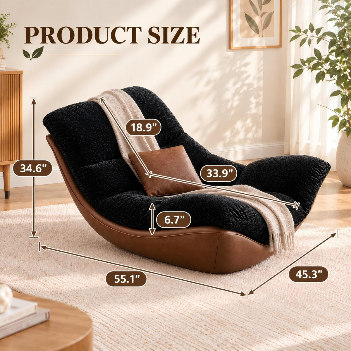 Modern Lounge Chair, Plush Fabric Lounge Chair with Faux Leather Base, Low Profile Lazy Sofa Chair, Ergonomic Curved Upholstered Chair for Living Room, Bedroom, Reading Nook, No Assembly Required