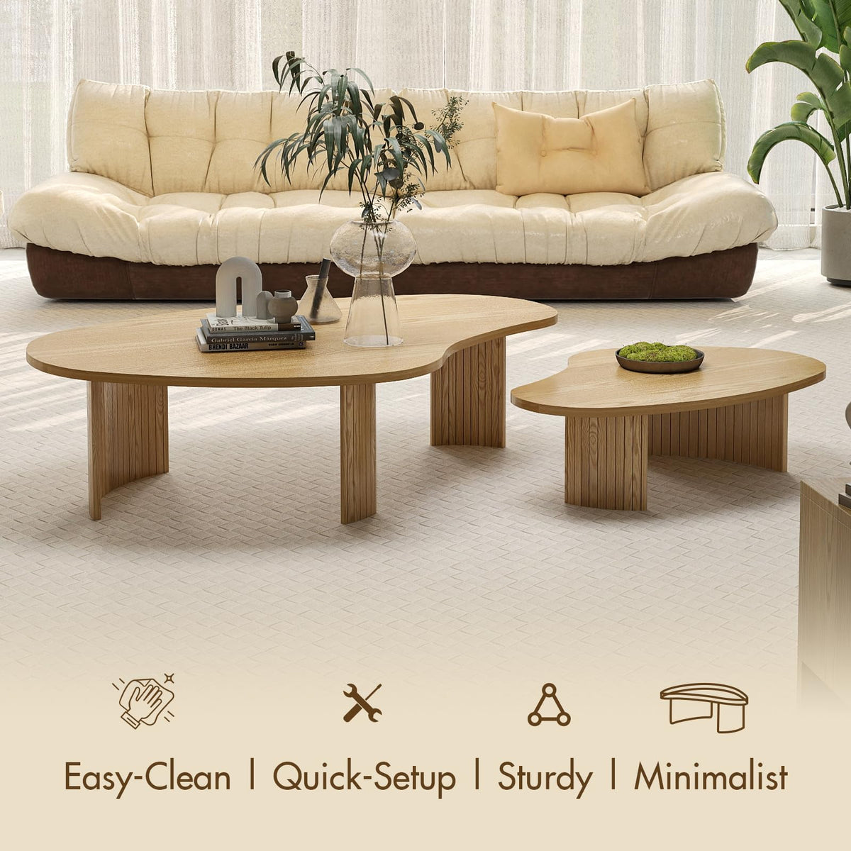 Irregular Nesting Coffee Table Set with Fluted Wood Legs