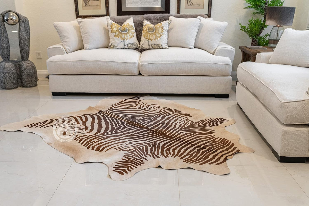 Sunshine Cowhides 100% Genuine Zebra Print Brown on Beige Cowhide Rug - Modern