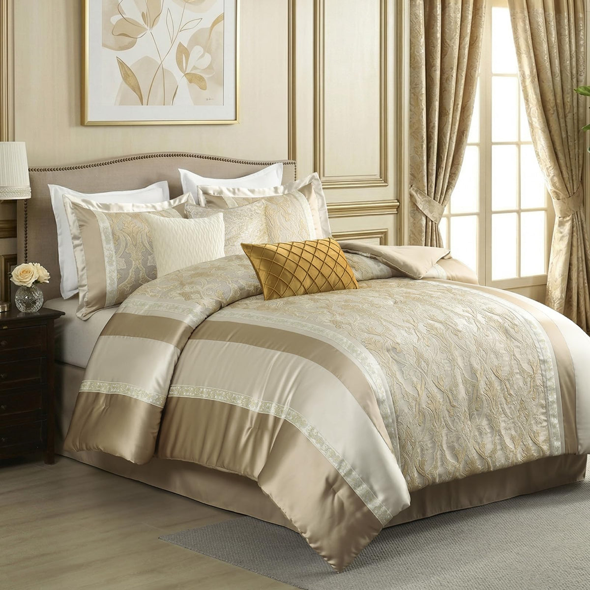 CozyDH Black Gold Jacquard Comforter Set California King, 7PCS Bed in a Bag
