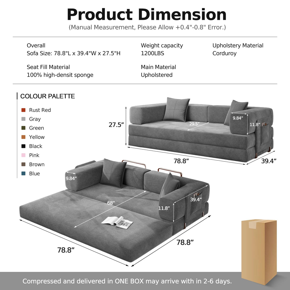 78.8'' Futon Sofa Bed, Boneless Couches for Living Room