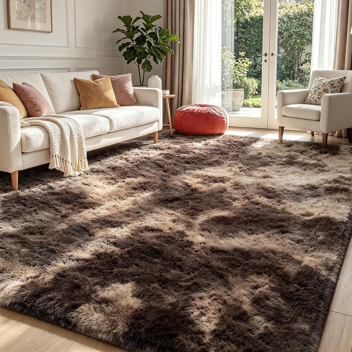 Mottled Beige 9x12 Area Rugs for Living Room, Fluffy Shag Rug Large Carpet
