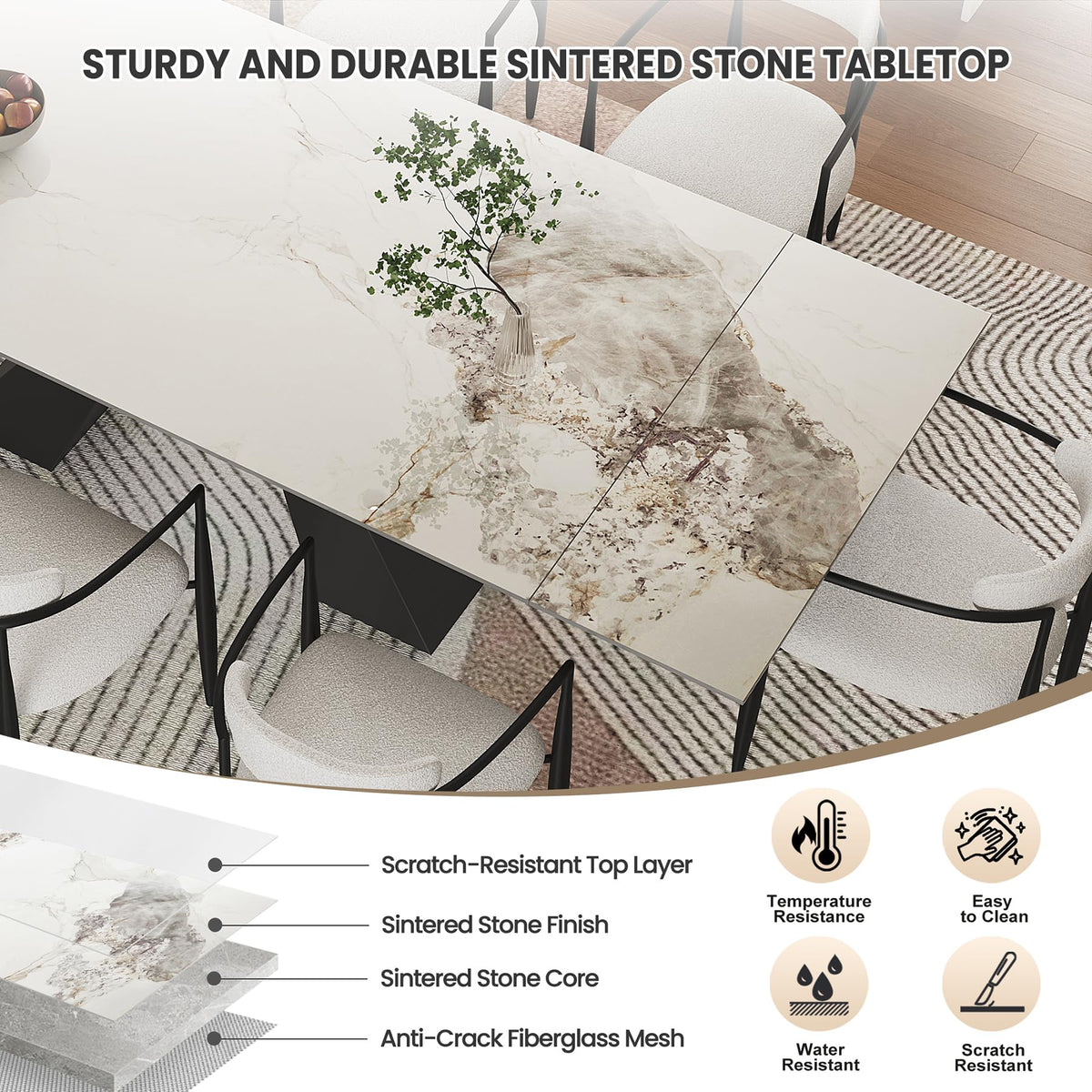 9 Piece Marble Expandable Table Set with 8 Comfy Dining Chairs