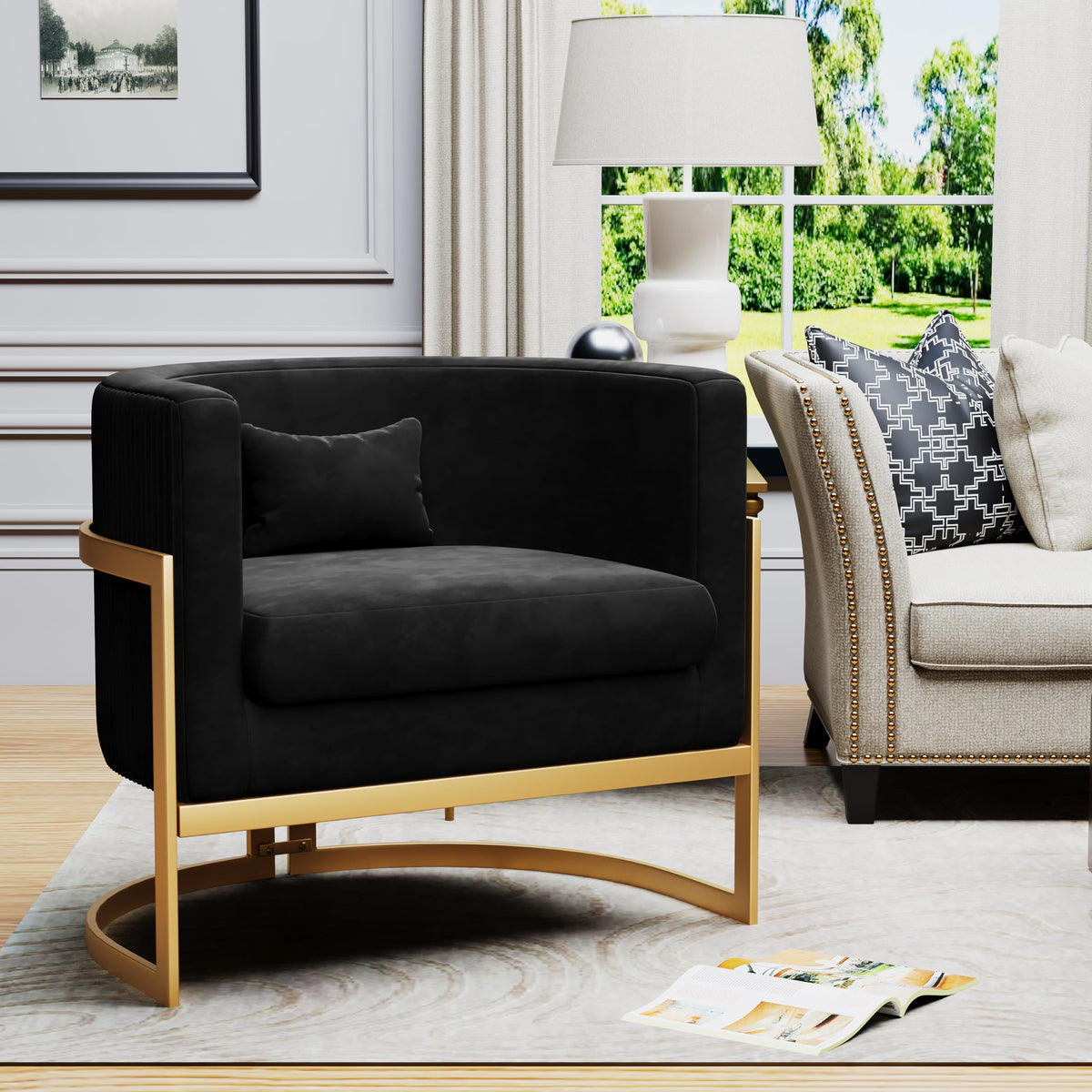 Velvet Accent Chair Ivory Modern Barrel Chair with Gold Legs