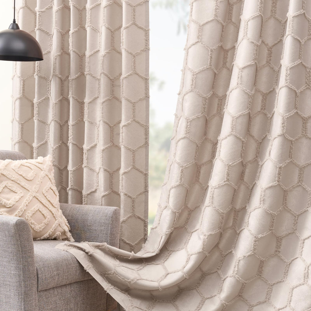 Cream Beige Geometric Jacquard Curtains, Set of Two