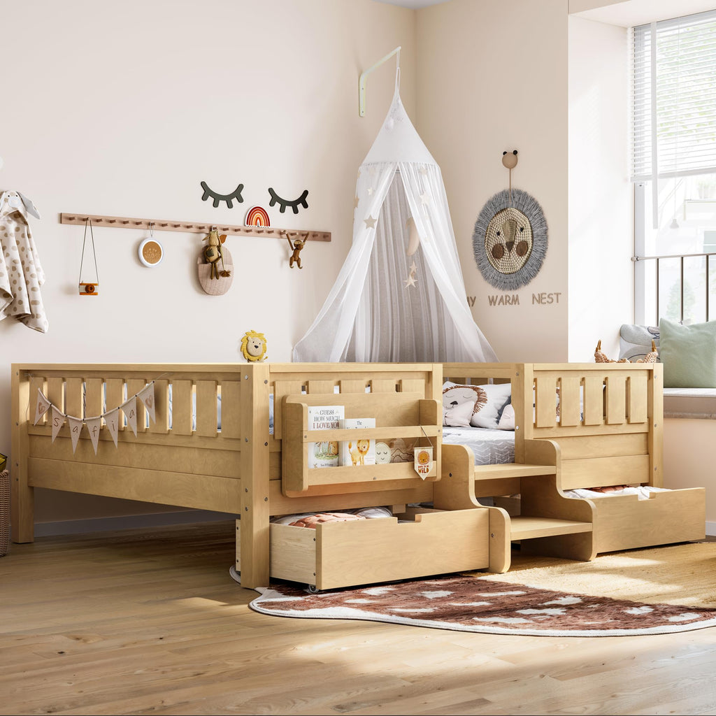 Montessori Bed with Stairs, Bookshelf & Storage Drawers