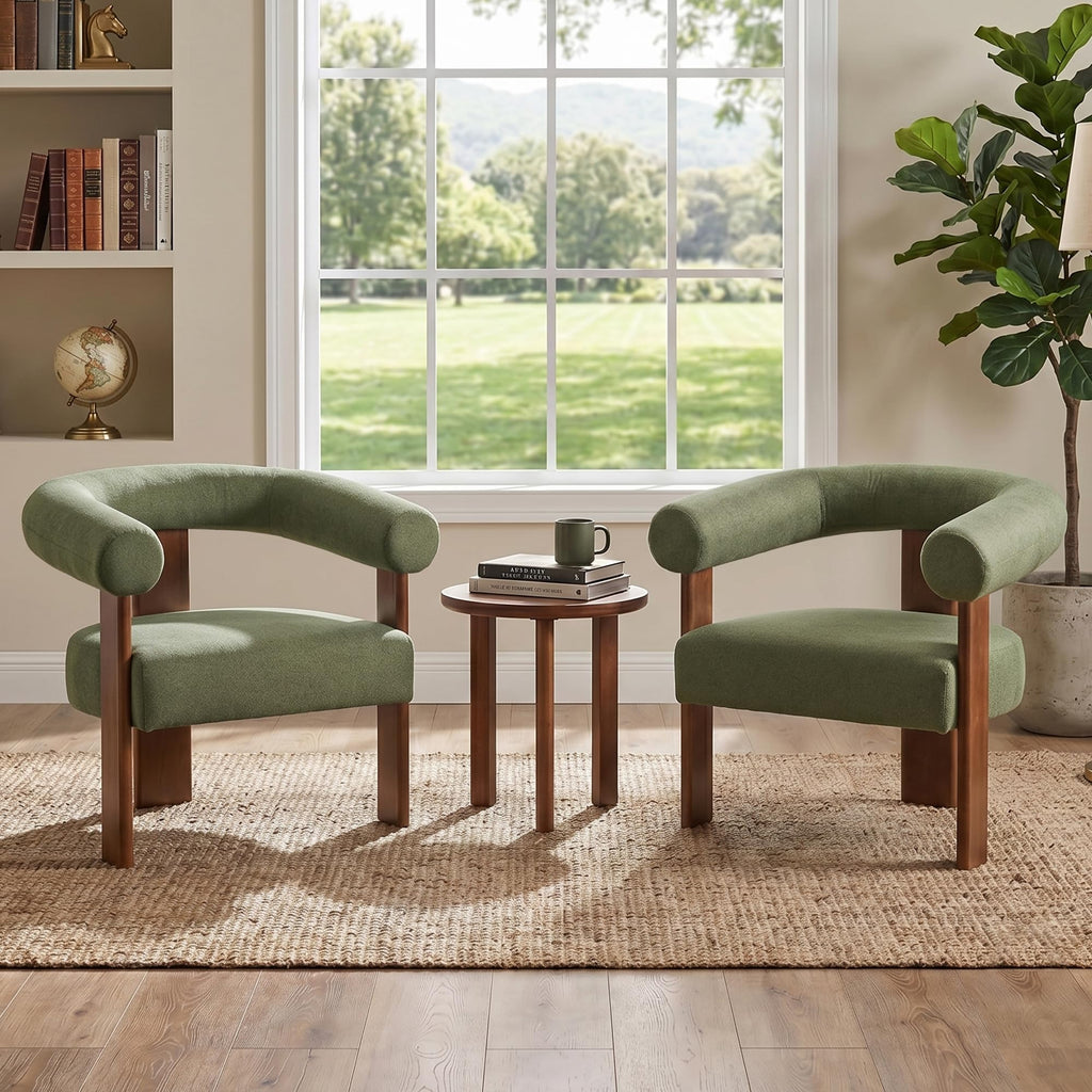 Usaint Upholstered Barrel Accent Chair with Walnut Wood Legs and Armrests