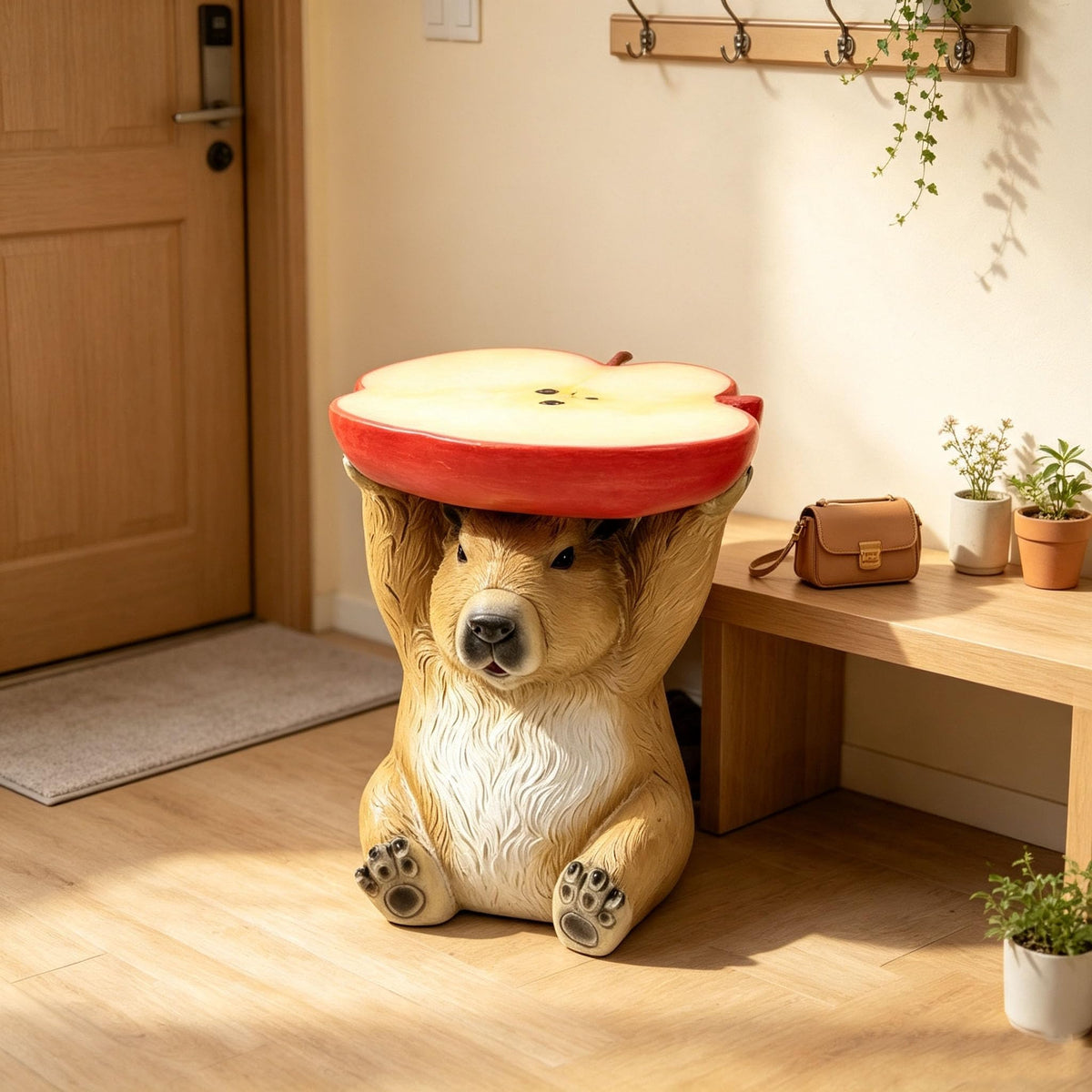 13.4" Cute Pig Side Table w/ Watermelon Top, Resin Plant Stand, Pink+Red