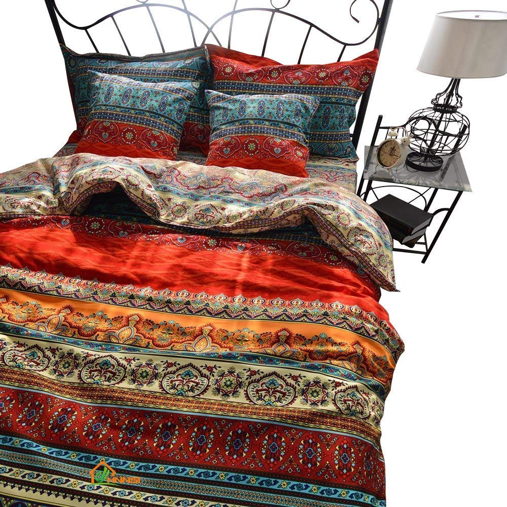 Brushed Cotton Bohemian Duvet Cover and Fitted Sheet Sets Queen Size 4 Pieces