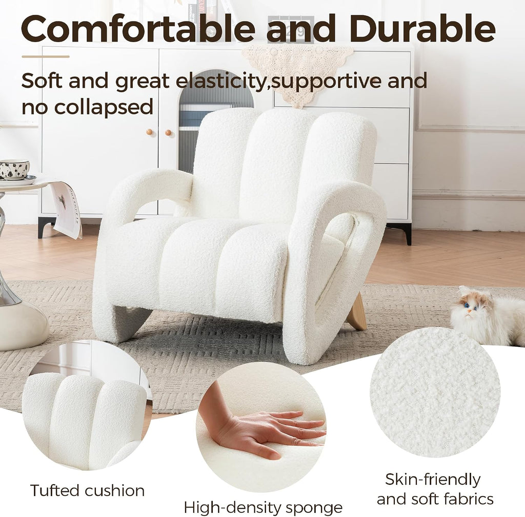 Mid Century Modern Accent Chair Set of 2 with Solid Wood Frame, Upholstered Living Room Chairs with Thick Cushion, Boucle Tufted Armchair for Bedroom, Reading Room, Ivory