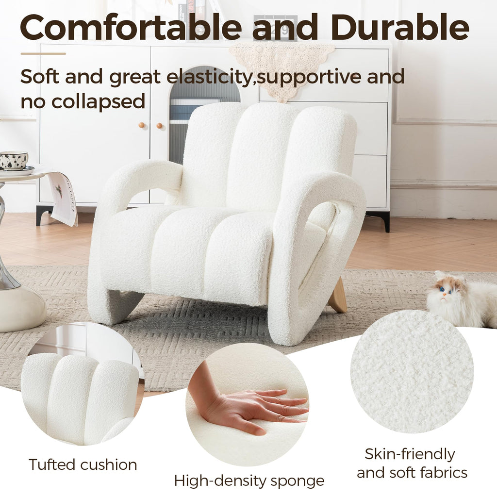 Mid Century Modern Accent Chair Set of 2 with Solid Wood Frame, Upholstered Living Room Chairs with Thick Cushion, Boucle Tufted Armchair for Bedroom, Reading Room, Ivory