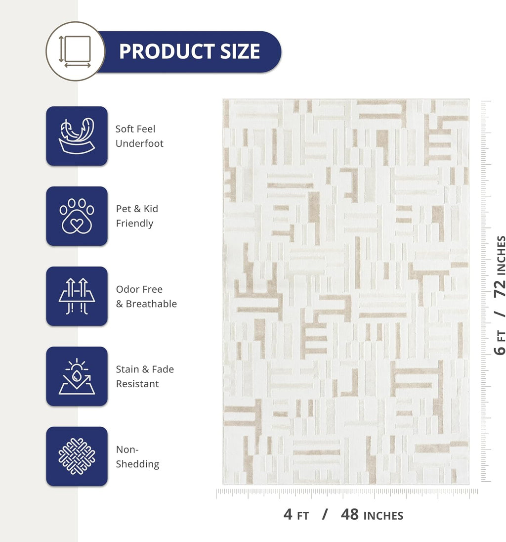 Abani Beige Area Rug - 4' x 6' - Living Room & Bedroom - Geometric Maze Design -