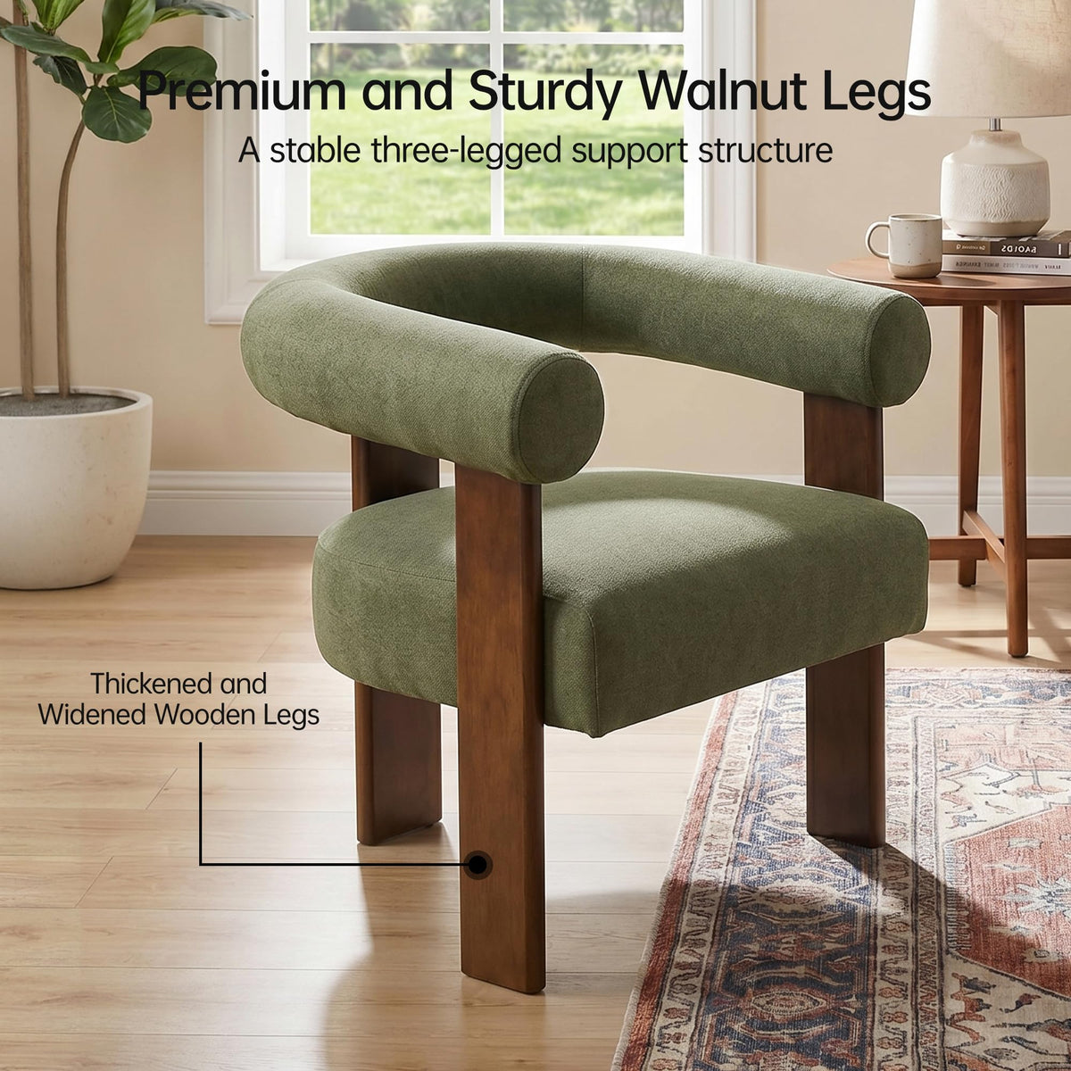 Usaint Upholstered Barrel Accent Chair with Walnut Wood Legs and Armrests