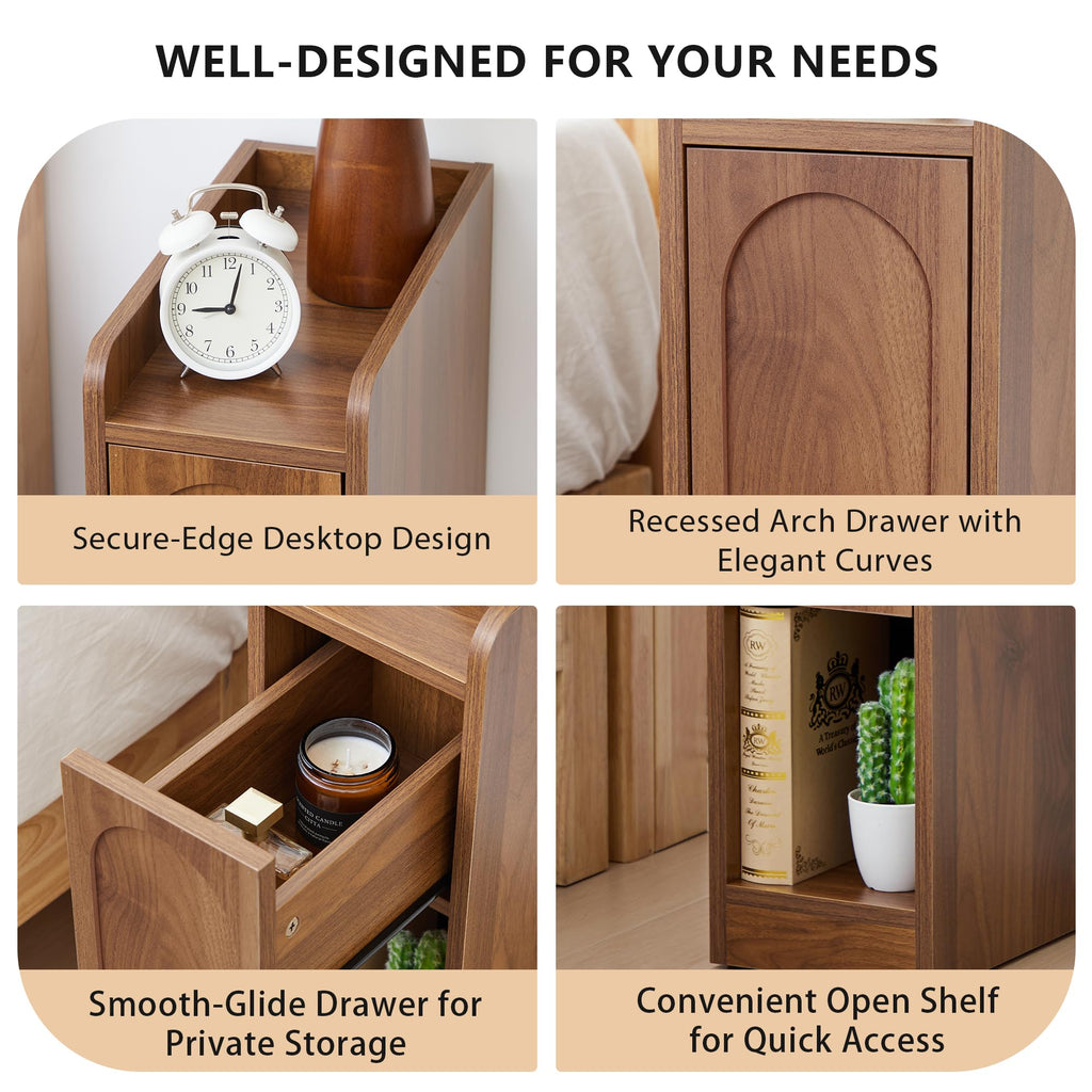 Narrow Carved Wood Nightstands, Set of Two