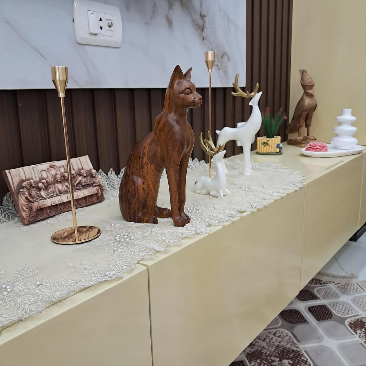 Hand-Carved Bastet Cat Sculpture