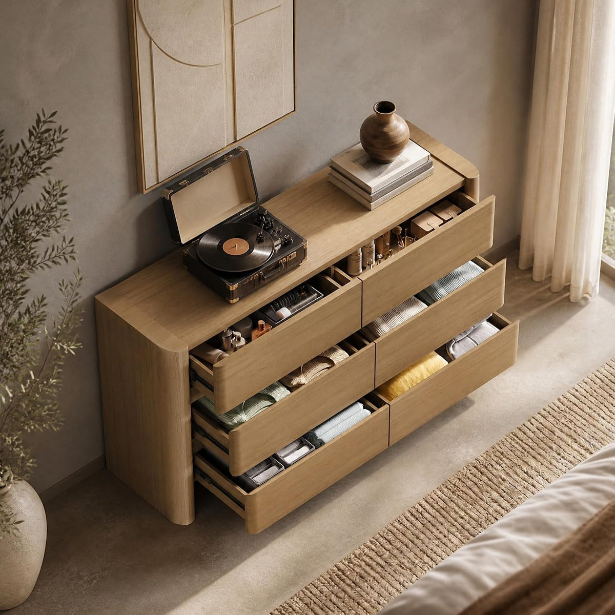 Rounded Handleless Six-Drawer Dresser