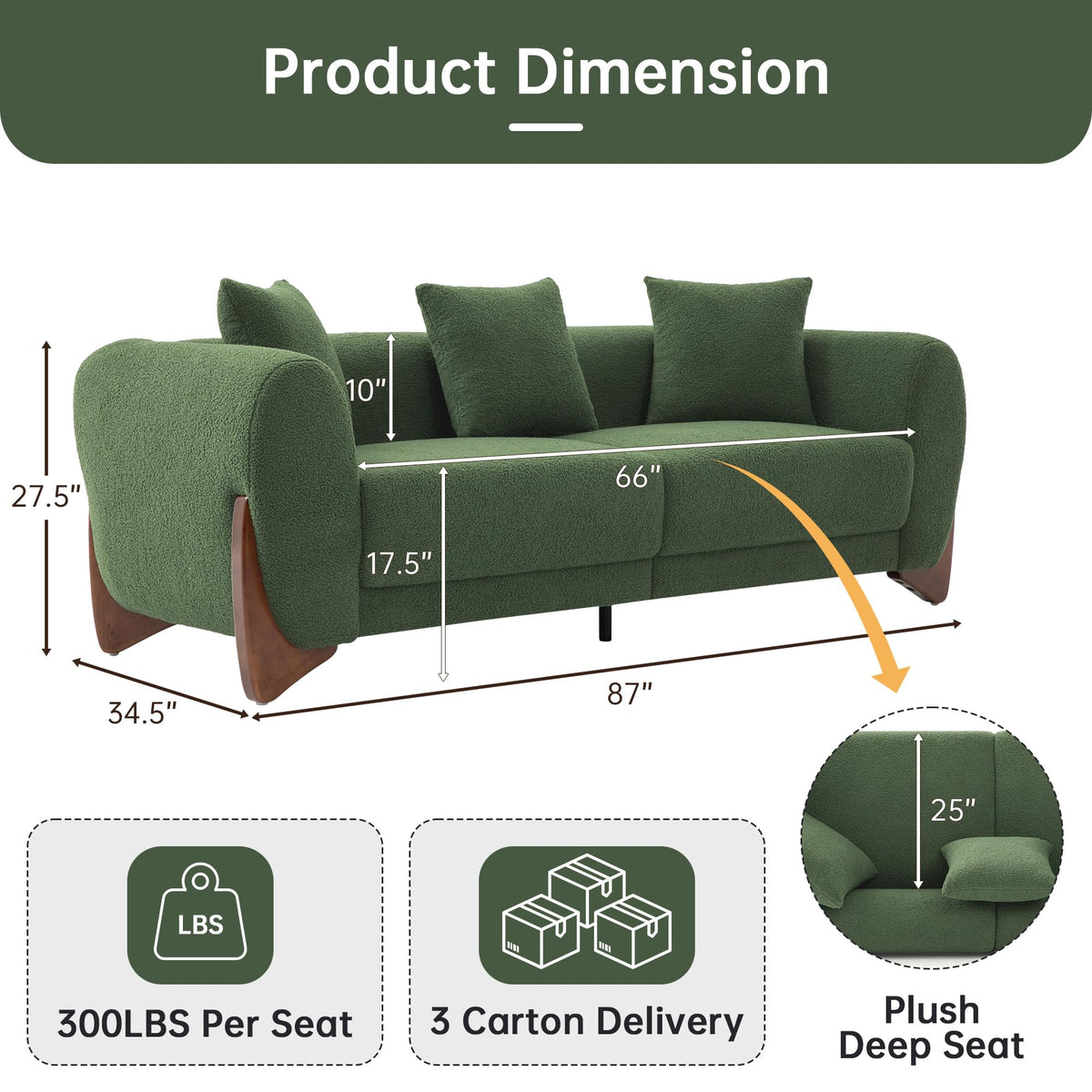 Morden Fort Modern Cloud Sofa Couch - 3 Seater Sherpa Boucle Sofas with Wood Legs