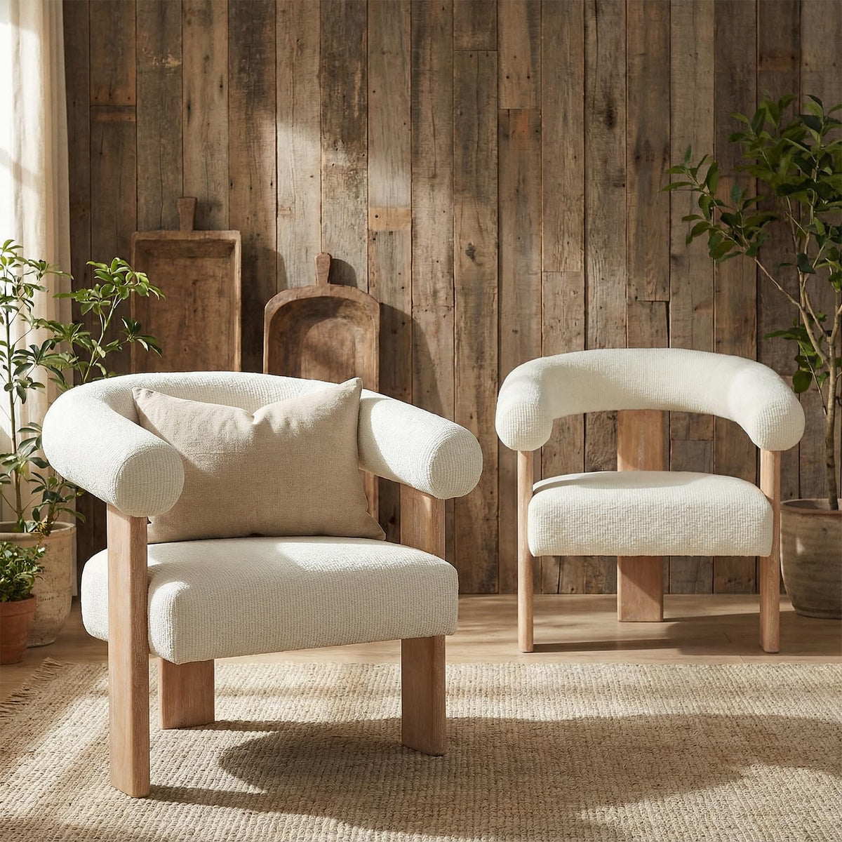 VKNOW Barrel Accent Chairs Set of 2 with Armrests and Rubberwood Legs