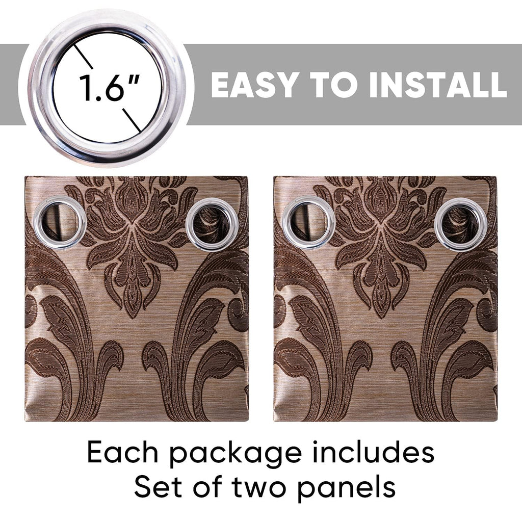 Brown Damask Grommet Curtains, Set of Two