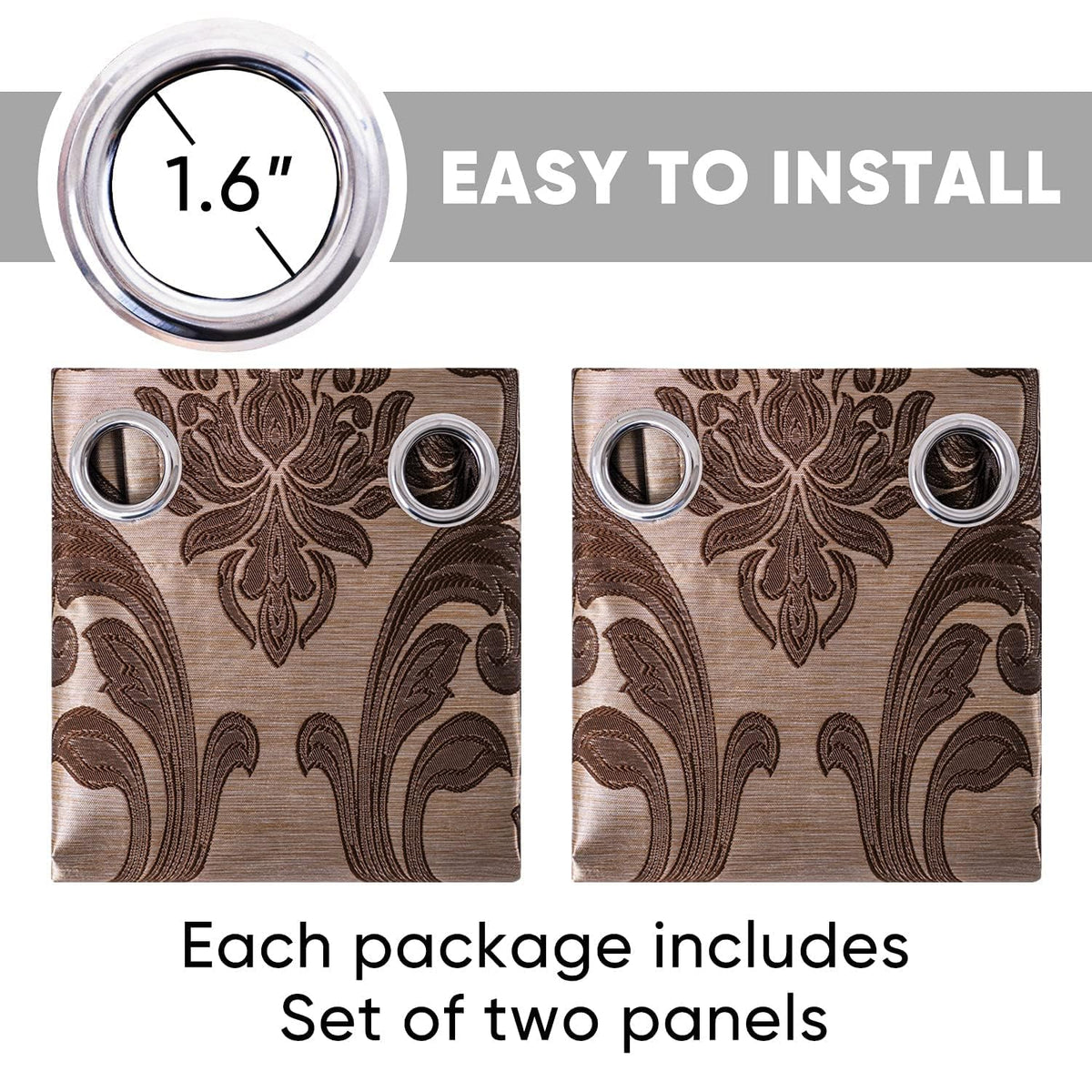 Brown Damask Grommet Curtains, Set of Two
