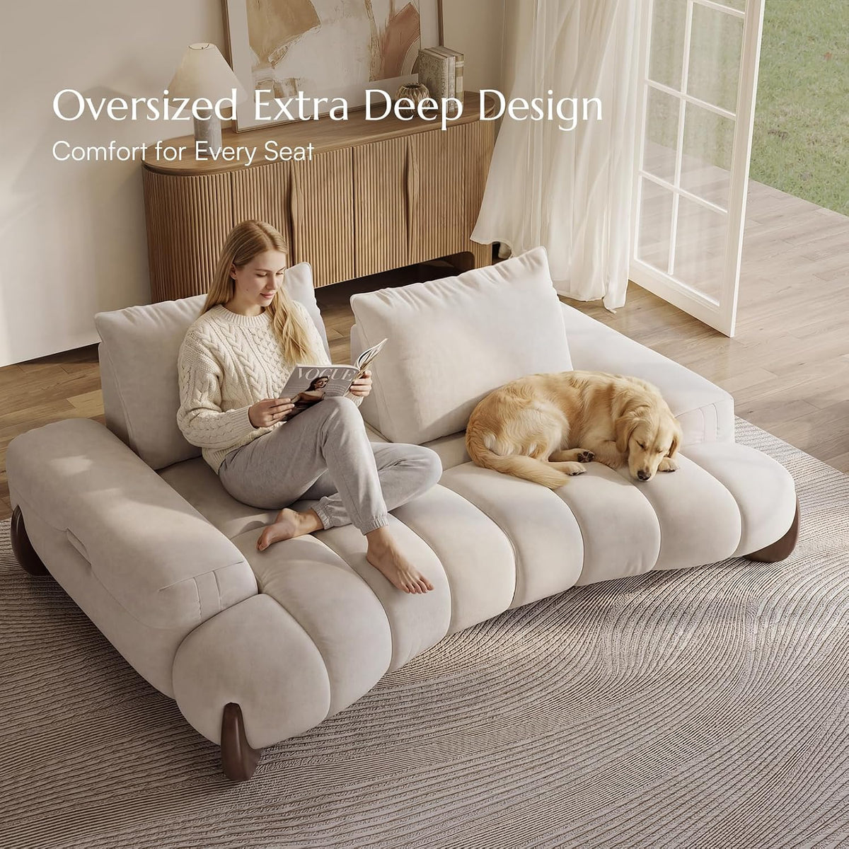 POVISON Arlo 85.2'' Oversized Curved Velvet Loveseat, 2 Seater, Beige