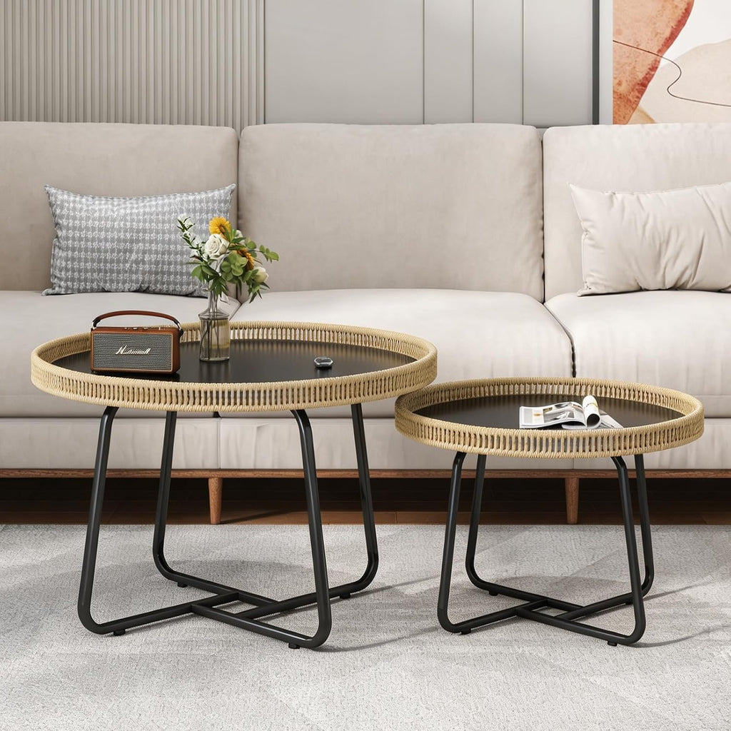Round Wicker Nesting Coffee Table Set