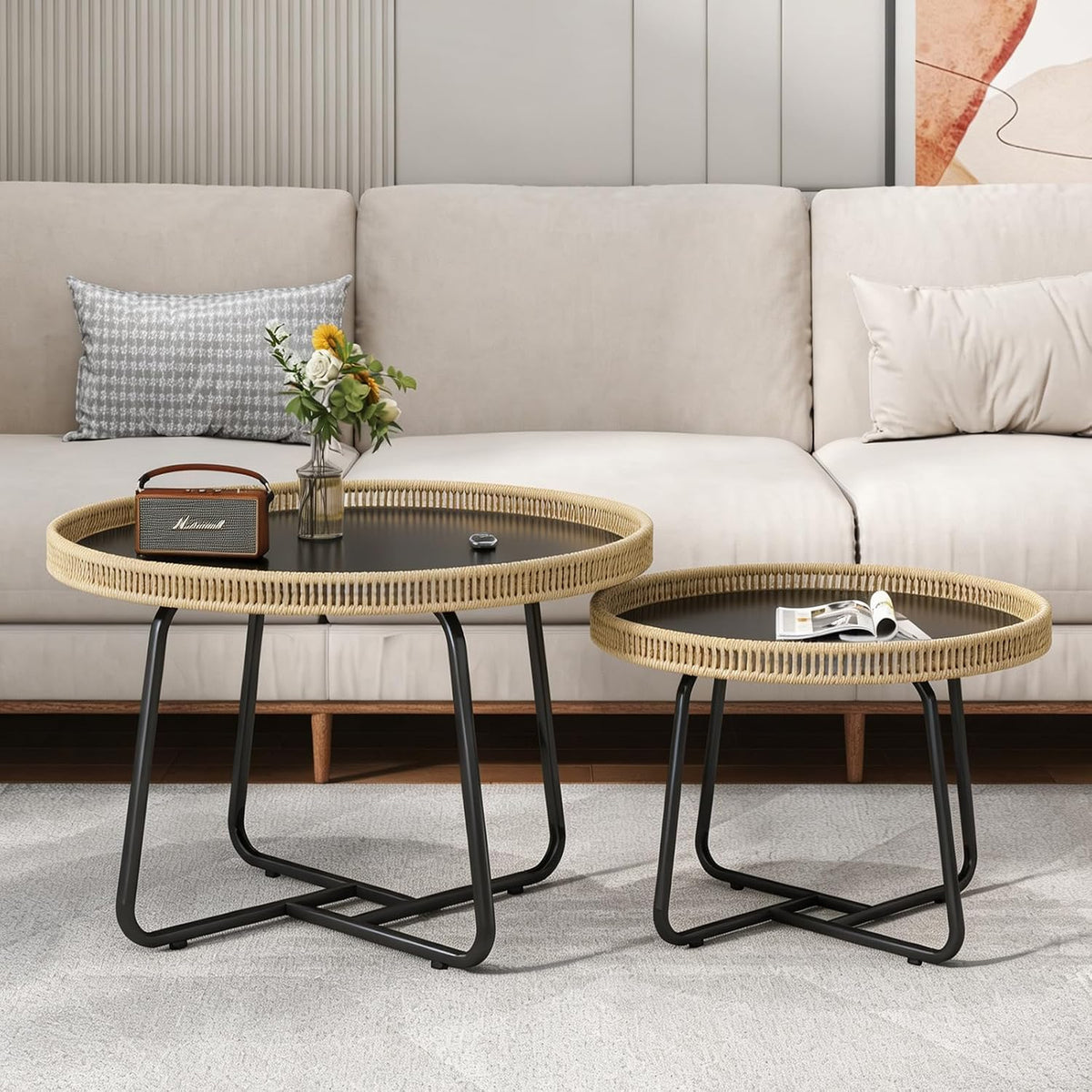 Round Wicker Nesting Coffee Table Set