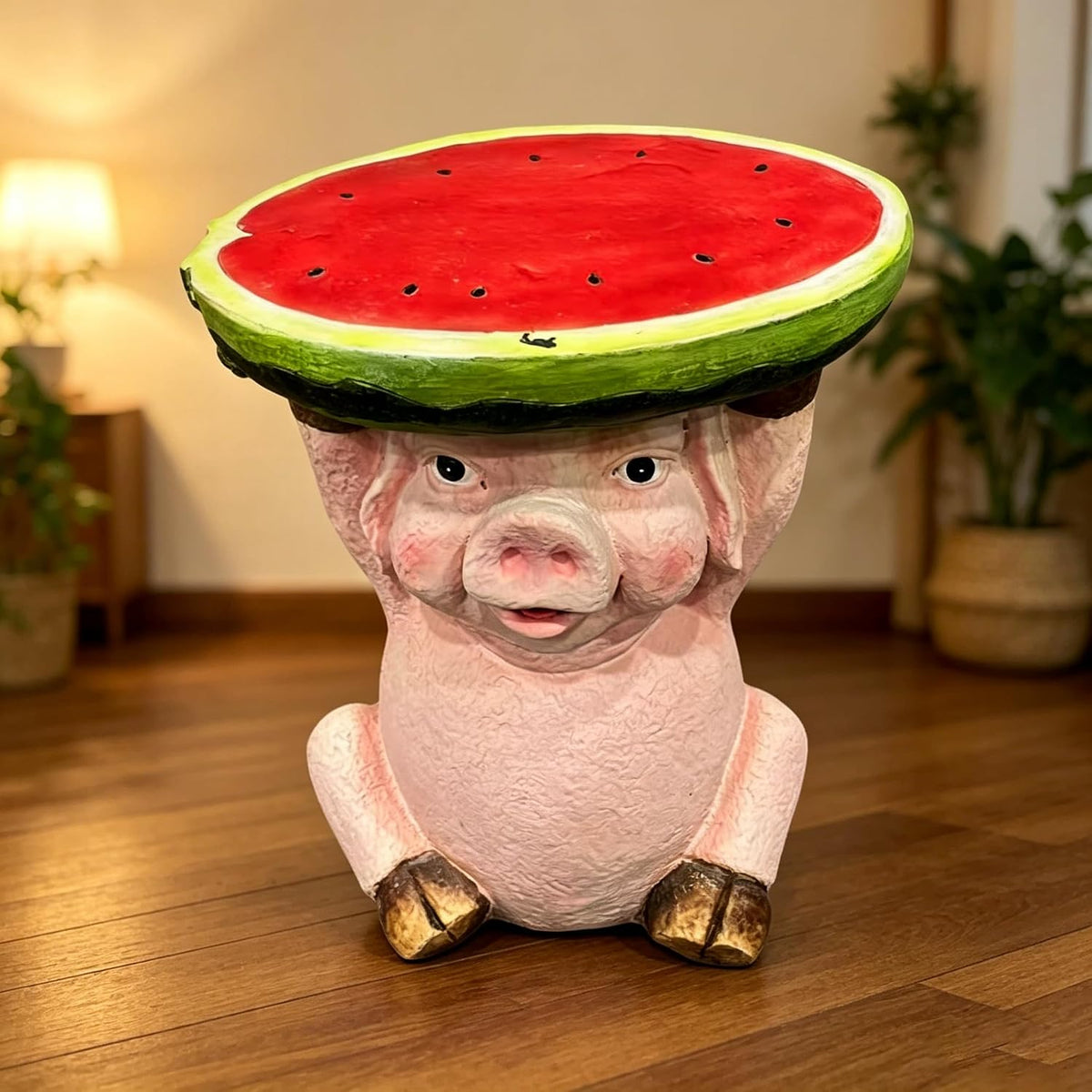 13.4" Cute Pig Side Table w/ Watermelon Top, Resin Plant Stand, Pink+Red