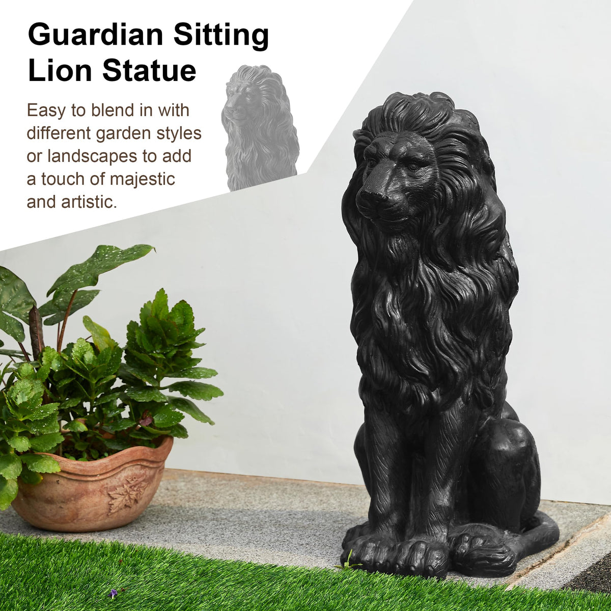 Glitzhome Guardian Sitting Lion Statue Regal Indoor and Outdoor Garden Sculpture