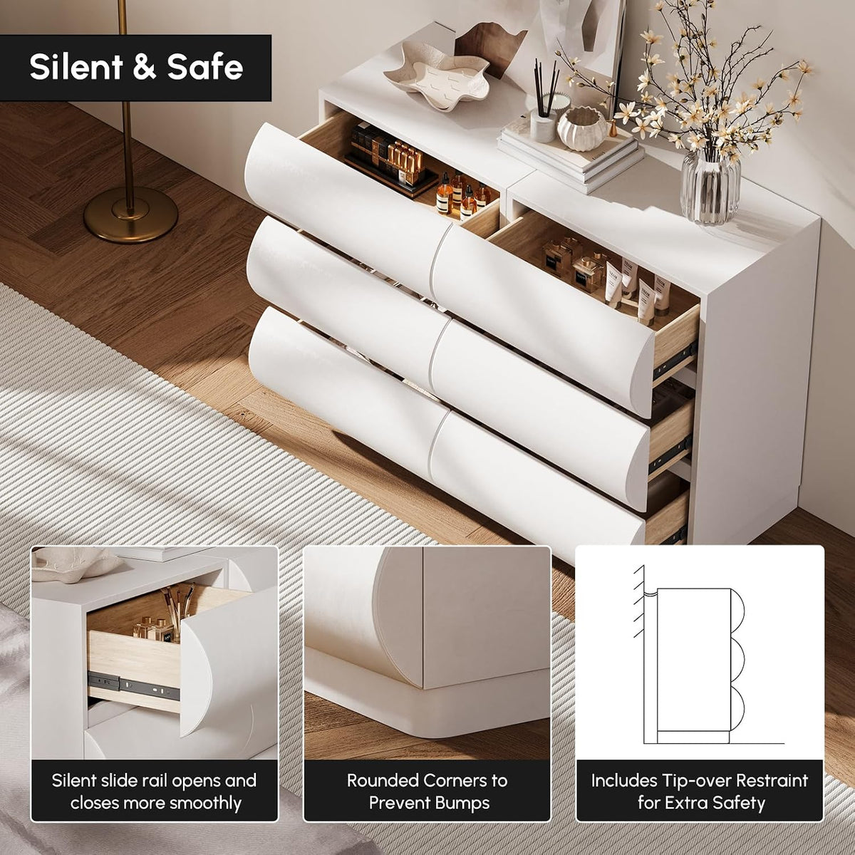 White Faux-Leather Six-Drawer Dresser