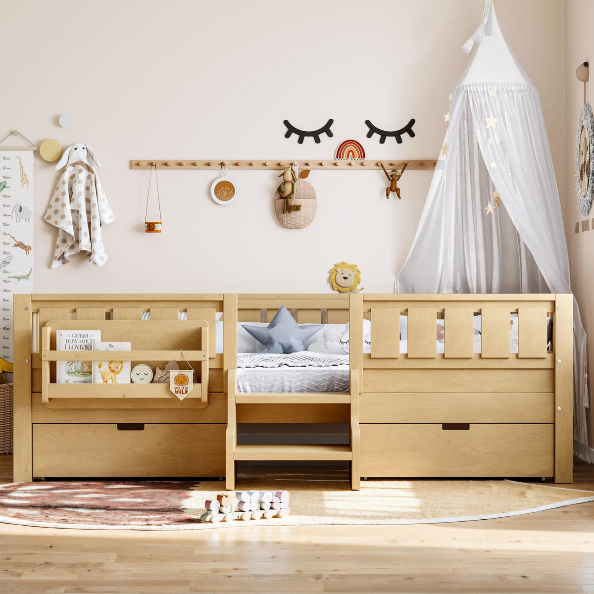 Montessori Bed with Stairs, Bookshelf & Storage Drawers