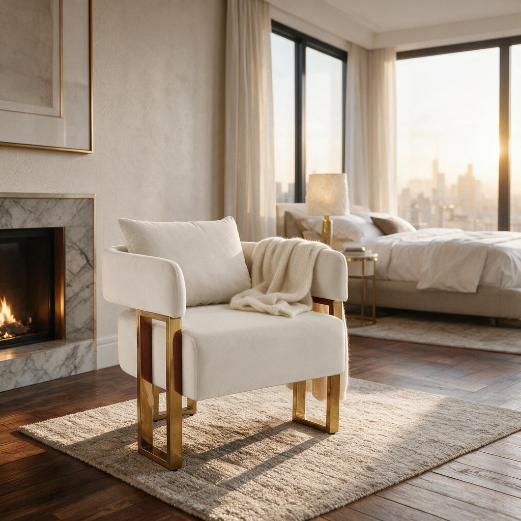 Upholstered Barrel Accent Chairs with Gold Legs – Set of 2