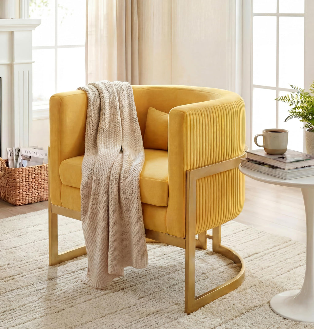 Velvet Accent Chair Ivory Modern Barrel Chair with Gold Legs