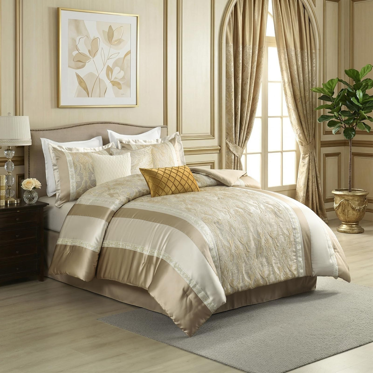 CozyDH Black Gold Jacquard Comforter Set California King, 7PCS Bed in a Bag