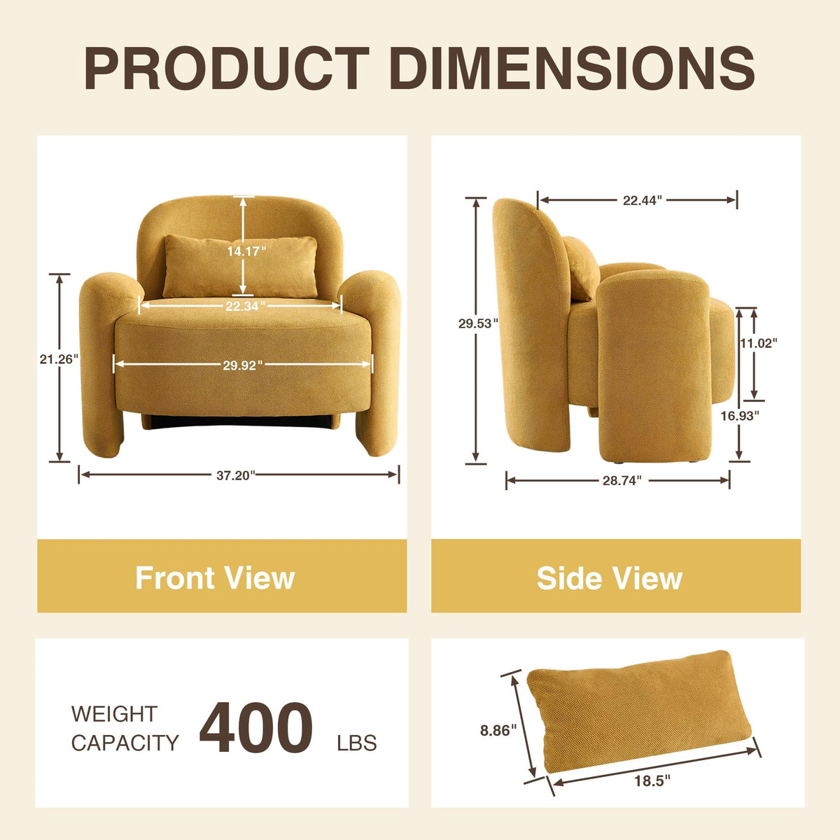 LOULENS Accent Chair Set of 2, Linen Fabric Lounge Armchair, Yellow